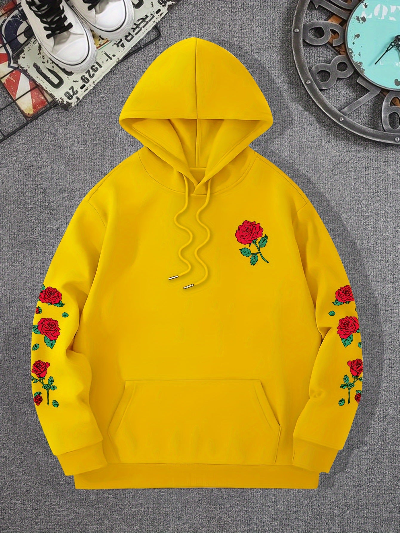 New printed red rose off shoulder sweatshirt casual street men's and women's sportswear pullover loose hoodie