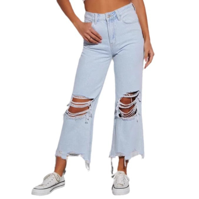Retro wide leg pants loose straight leg jeans ripped pants for women