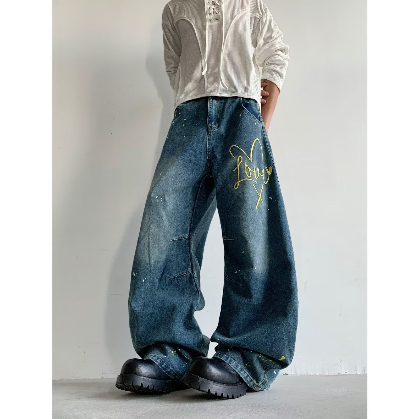 Embroidered letter splashed ink wide leg pants