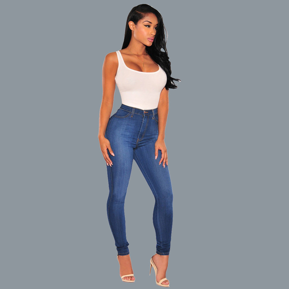 Spring slim fit solid color lifting buttocks elastic slimming fashion knee hole women's jeans European and American