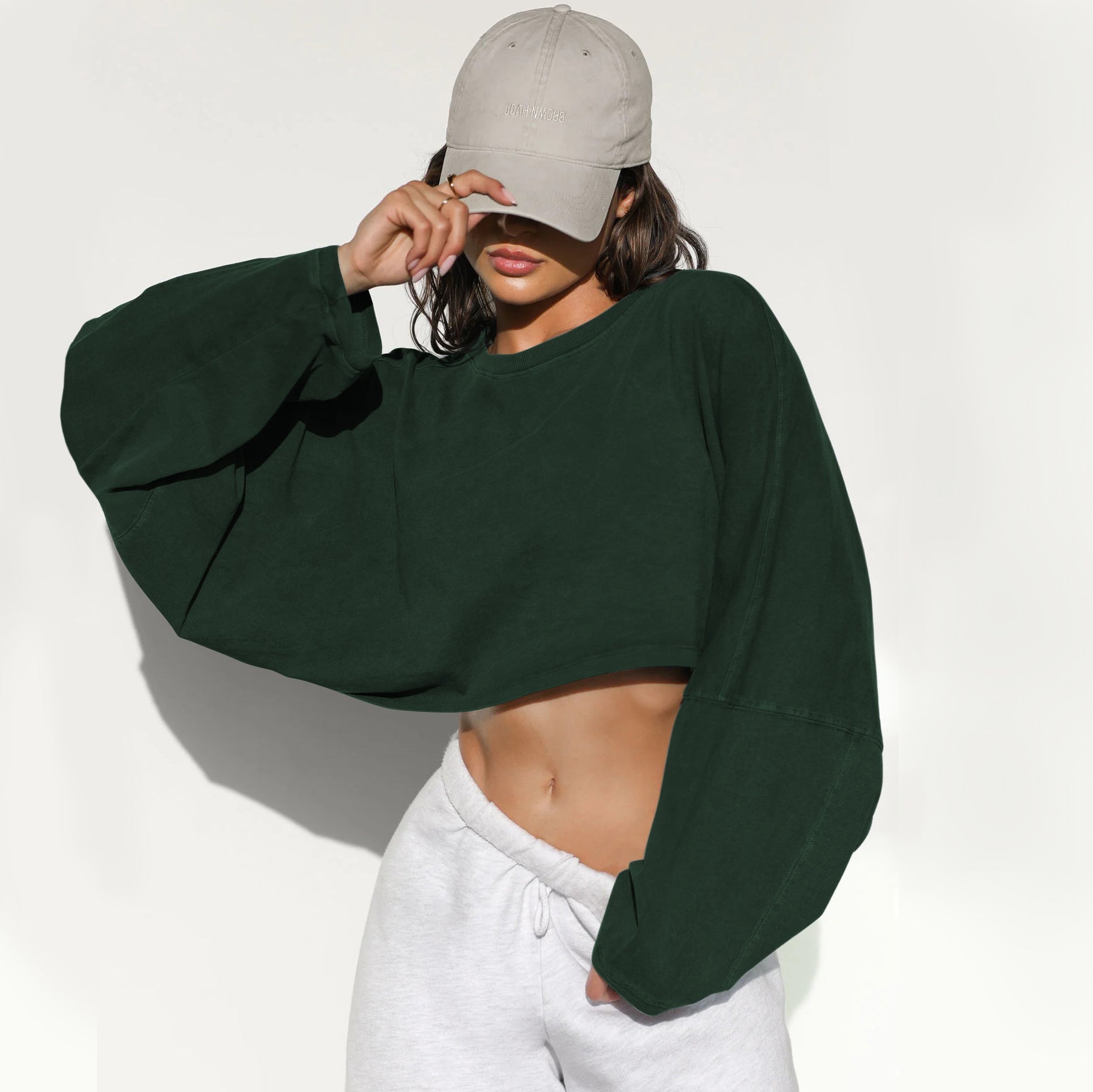 Umbilical round neck sweatshirt, European and American women's short sports base shirt, T-shirt, knitted shirt, long sleeved top