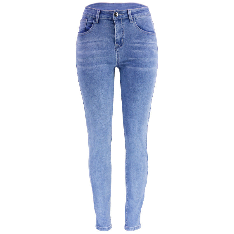 Autumn and winter new jeans high waisted European and American women's small leg pants blue denim pants