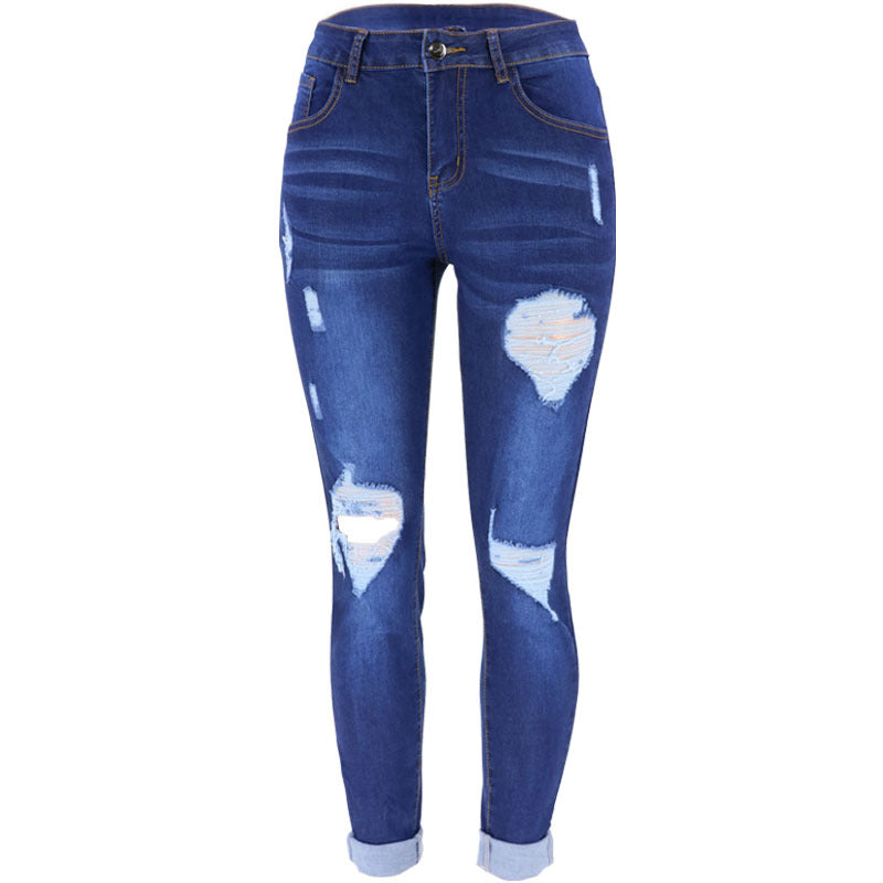 Autumn new trendy and fashionable ripped hole washed women's jeans