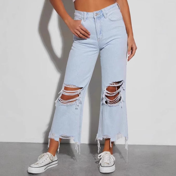 Retro wide leg pants loose straight leg jeans ripped pants for women
