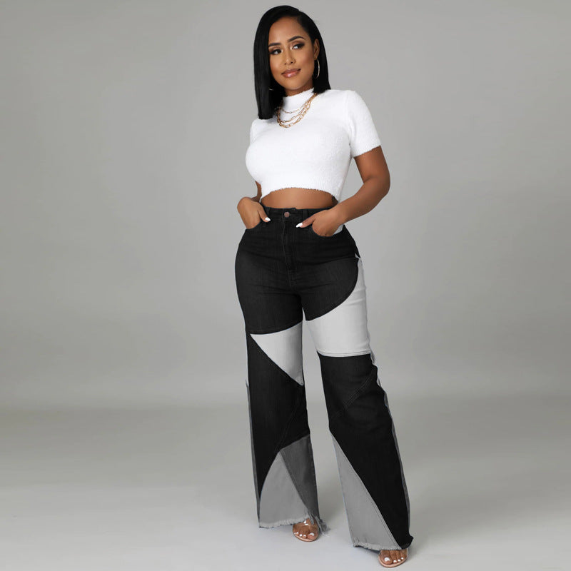 Autumn new European and American stretch plus size women's wide leg pants two tone jeans