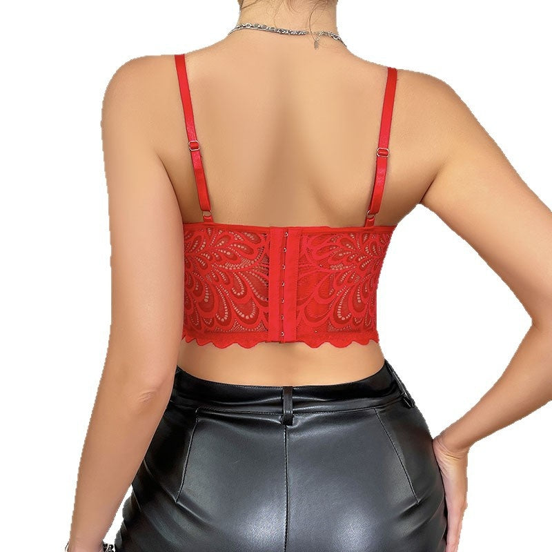 Red bra lace fishbone bra see through camisole vest