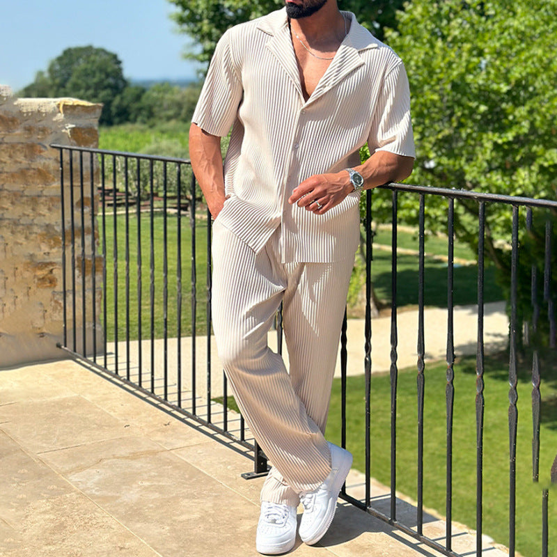 Spring Solid Color Sports Men's Set Fashion Casual Short Sleeve Long Pants Foreign Trade Two-piece Set