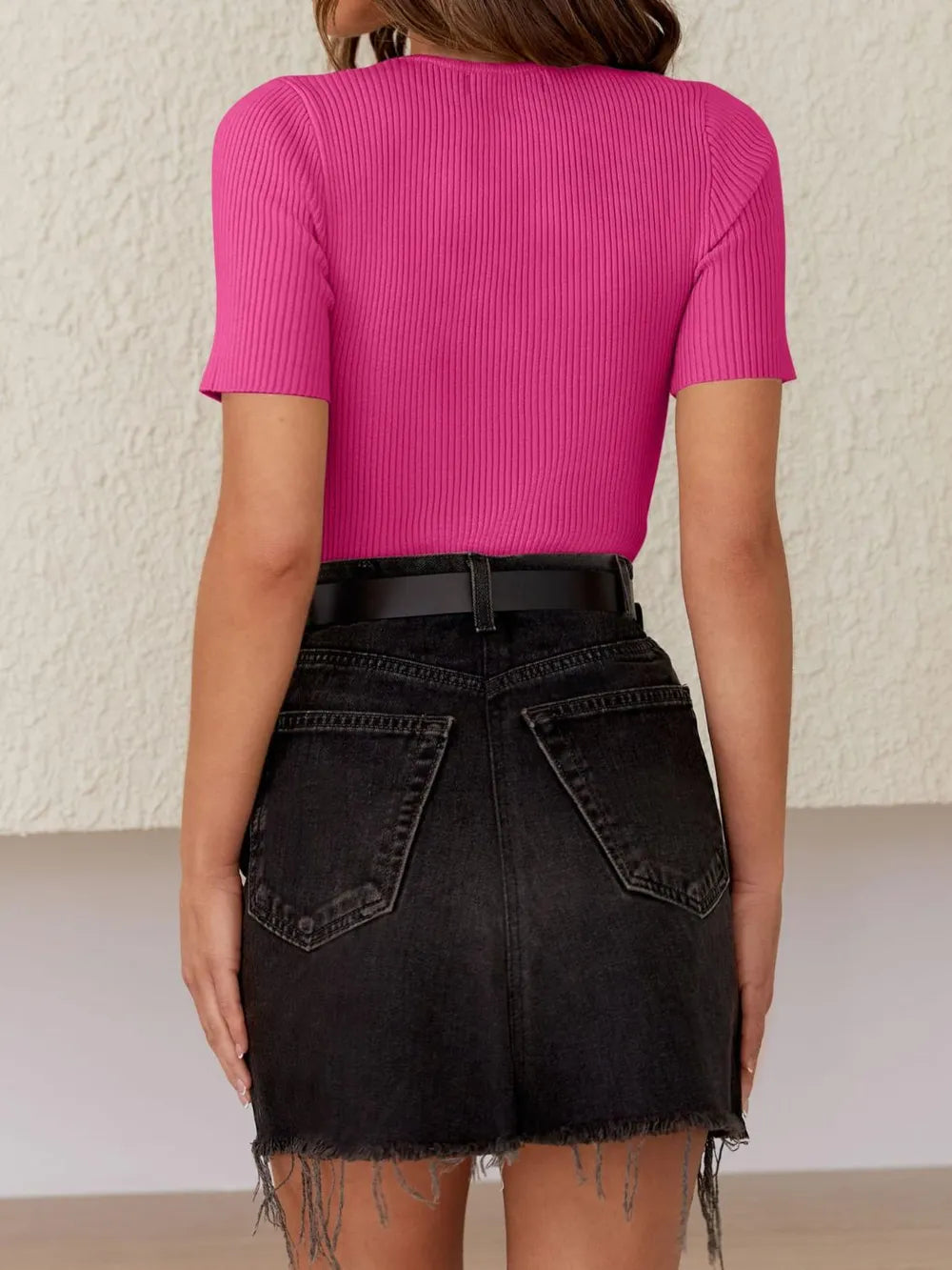 Autumn short sleeved slim fit round neck ribbed milk silk t-shirt for women