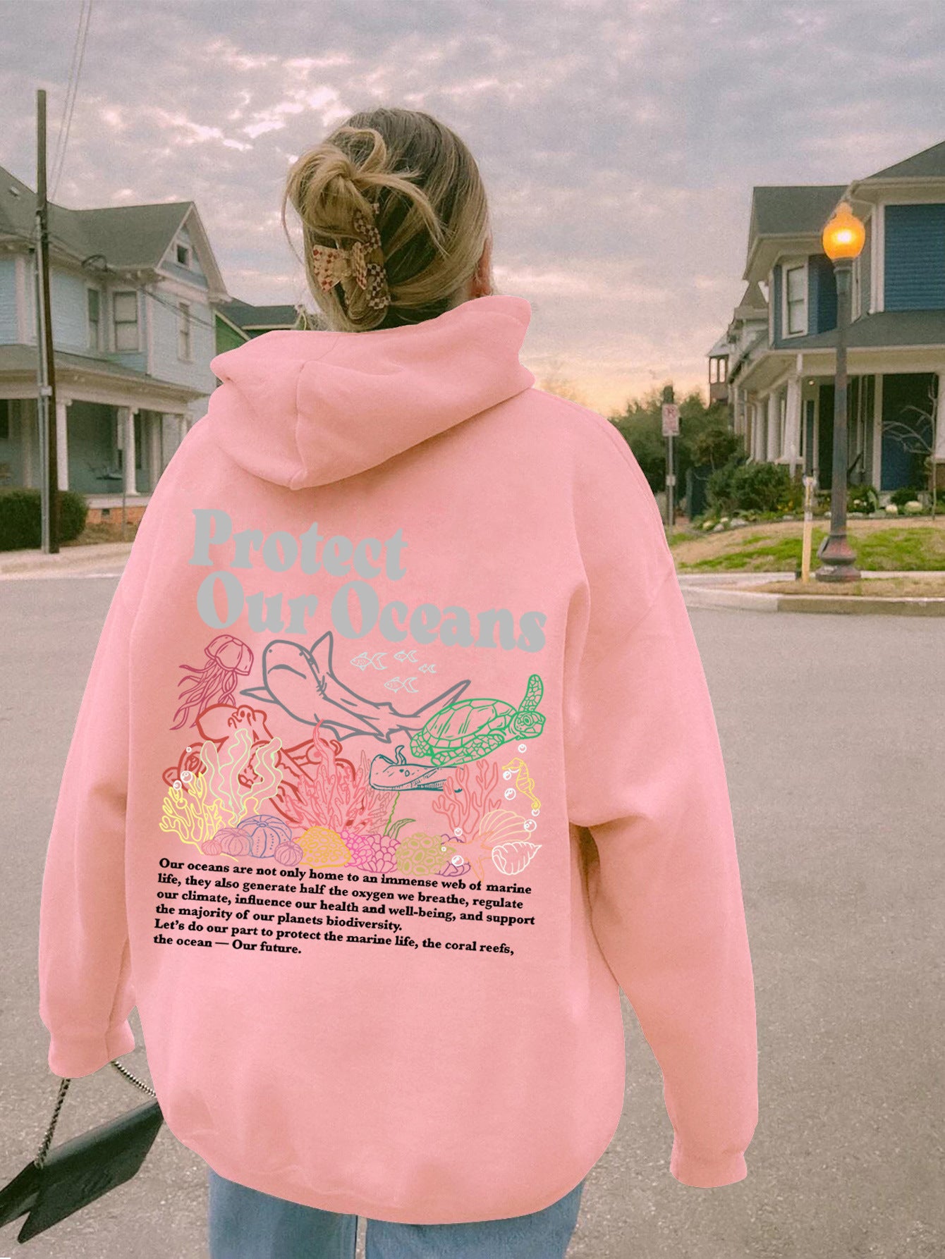 Women's sweatshirt kangaroo pocket drawstring letter print hoodie