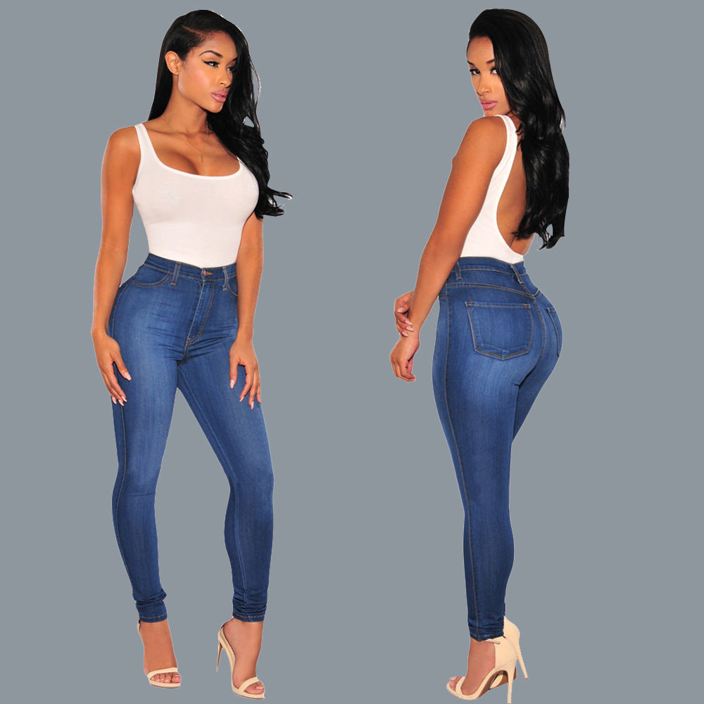 Spring slim fit solid color lifting buttocks elastic slimming fashion knee hole women's jeans European and American