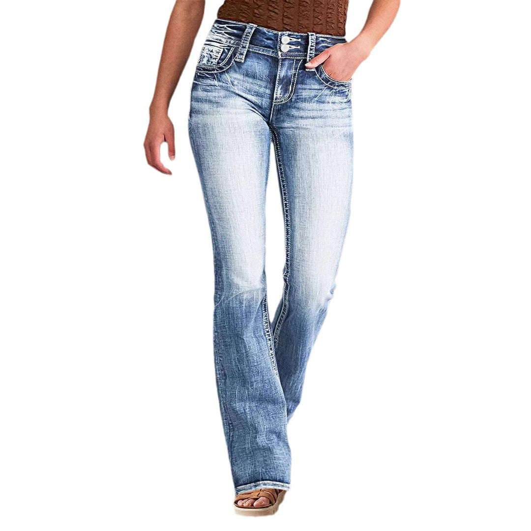 High waisted elastic washed minimalist slim fit long denim pants for women