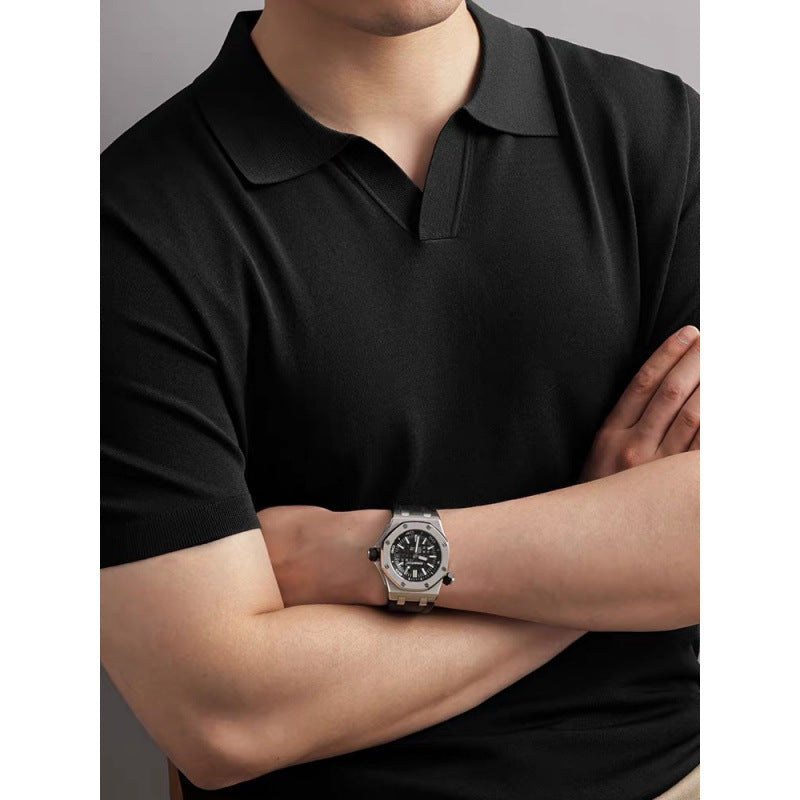 High-end Knitted Short Sleeve Men's Italian Seagull Collar Commuting Polo Shirt Business Gentleman Cool Touch Solid Color T-Shirt
