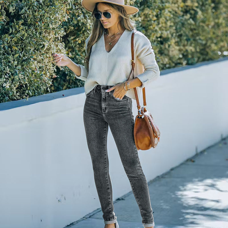Autumn and winter new jeans high waisted European and American women's small leg pants blue denim pants