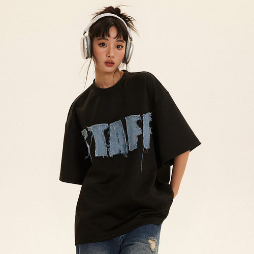 Alphabet Denim Patch Short Sleeve T-Shirt Men's Summer Casual American Street Fashion Round Neck Elbow Sleeve Top