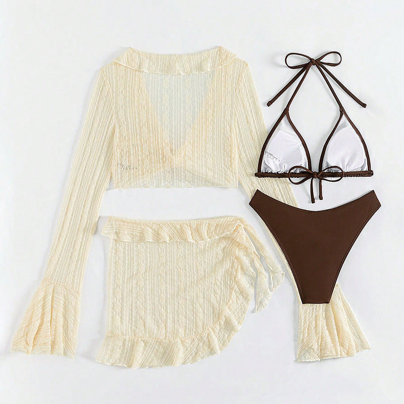 Solid color mesh long sleeved hooded swimsuit beach bikini split swimsuit women's four piece set