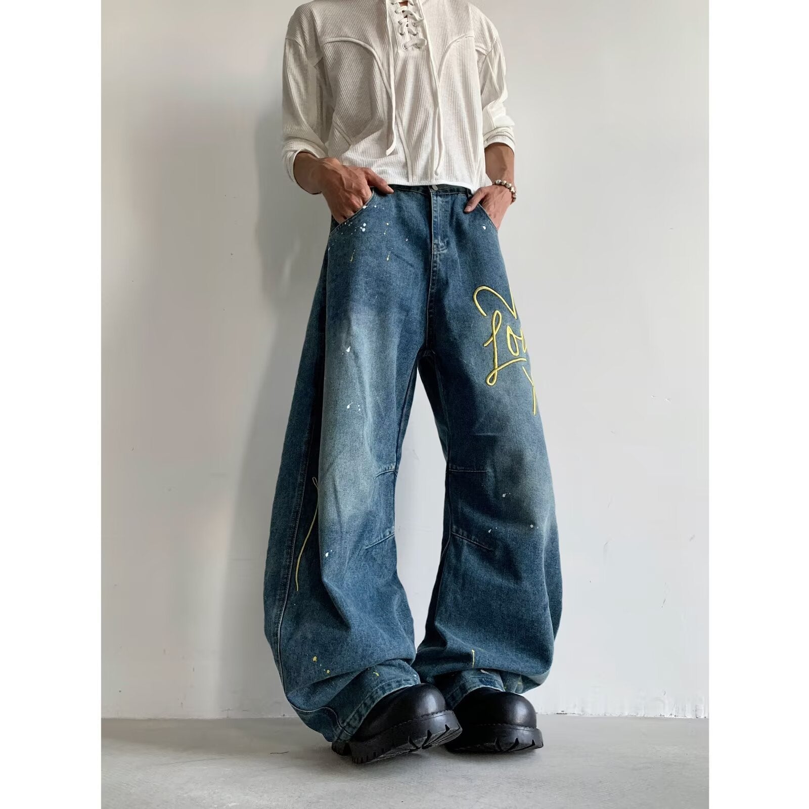 Embroidered letter splashed ink wide leg pants