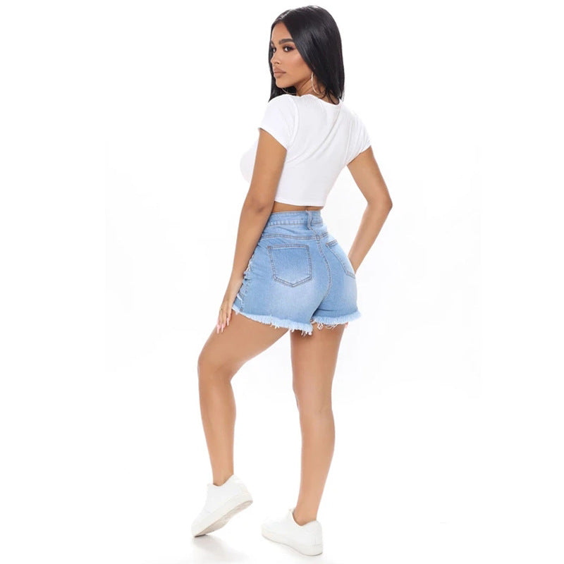 Spring European and American street fashion trendsetters washed hairy beard women washed ground white jeans light denim short