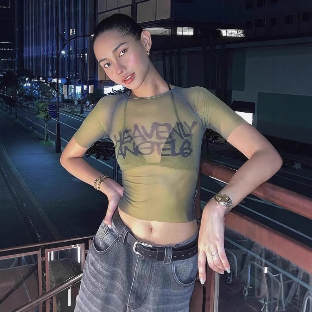 Sexy perspective printed slim fit short top for women