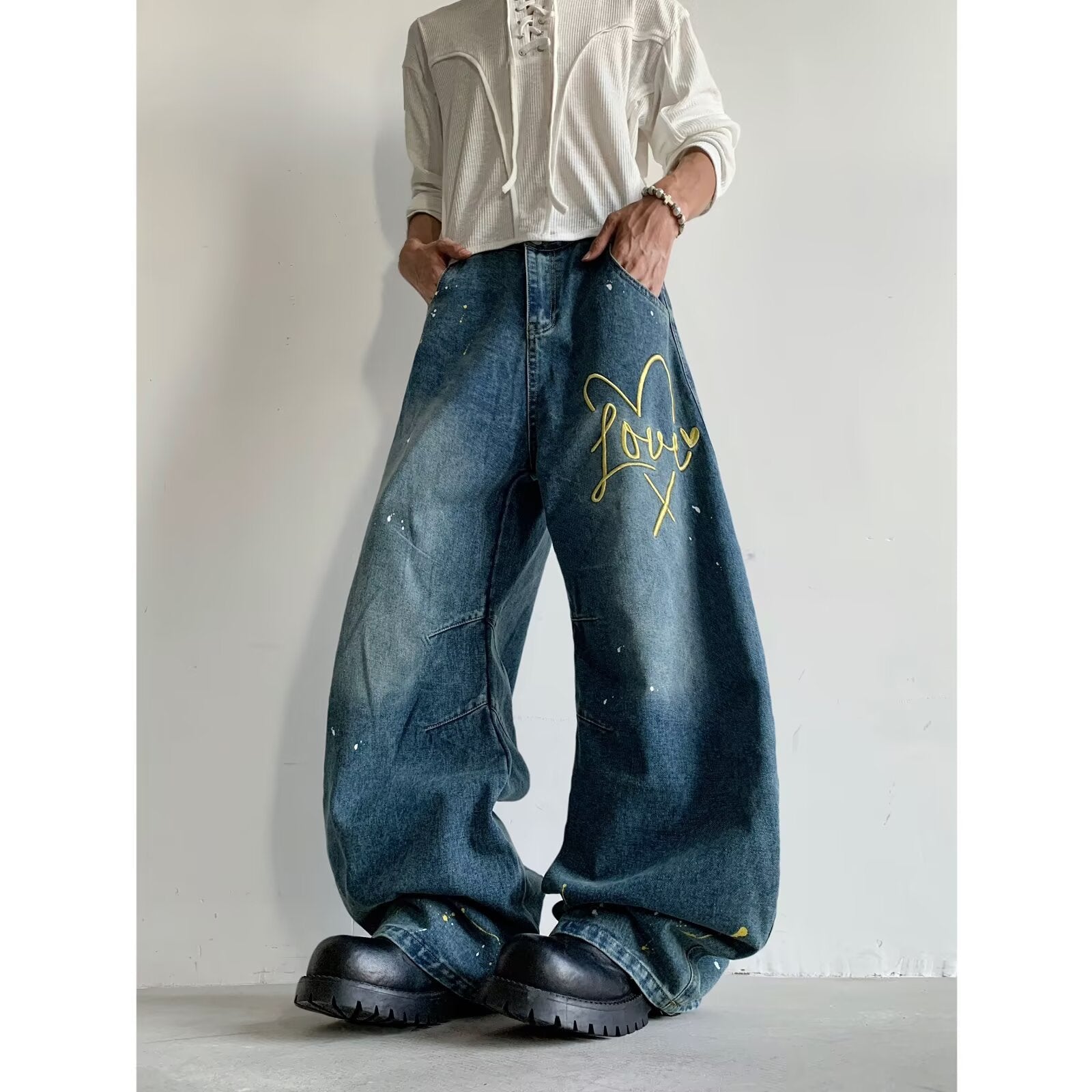 Embroidered letter splashed ink wide leg pants