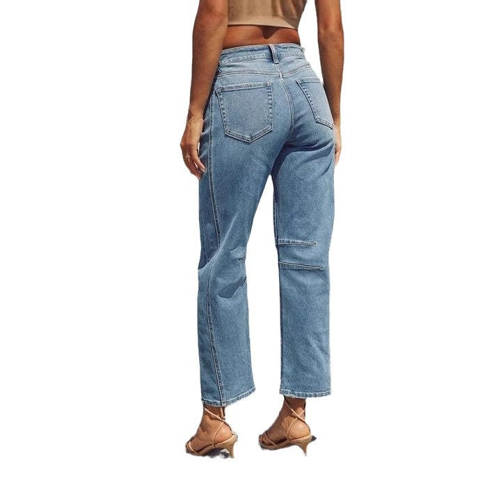 Casual loose mid waist straight tube women's washed fashionable jeans