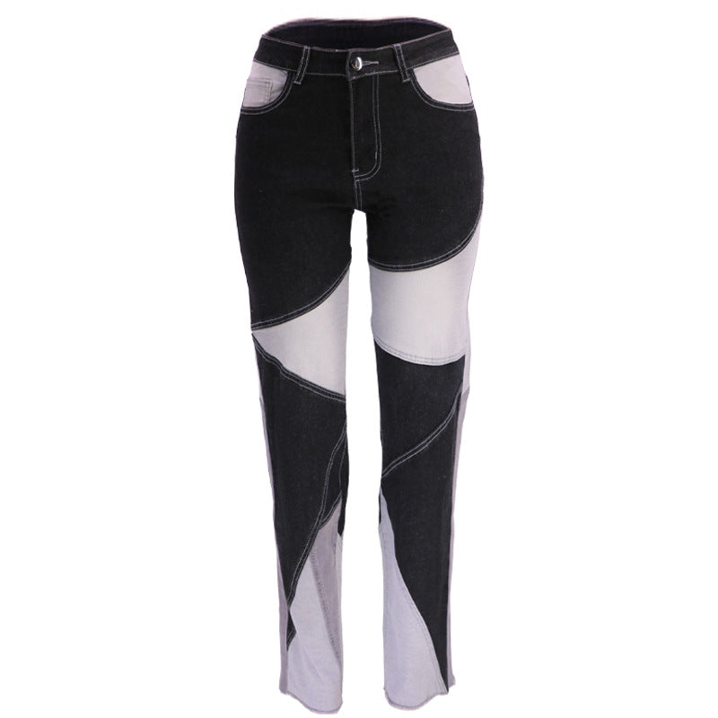 Autumn new European and American stretch plus size women's wide leg pants two tone jeans