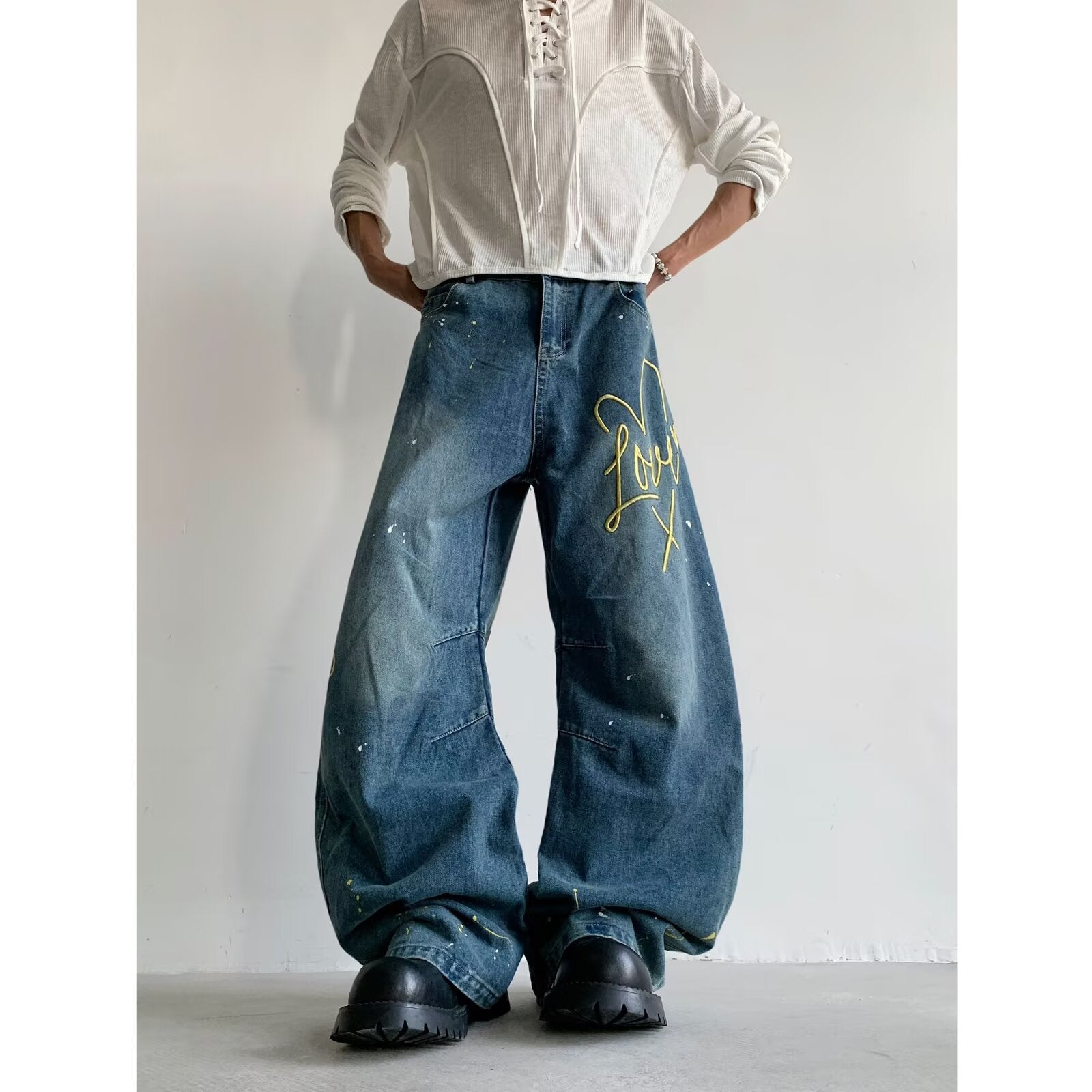 Embroidered letter splashed ink wide leg pants