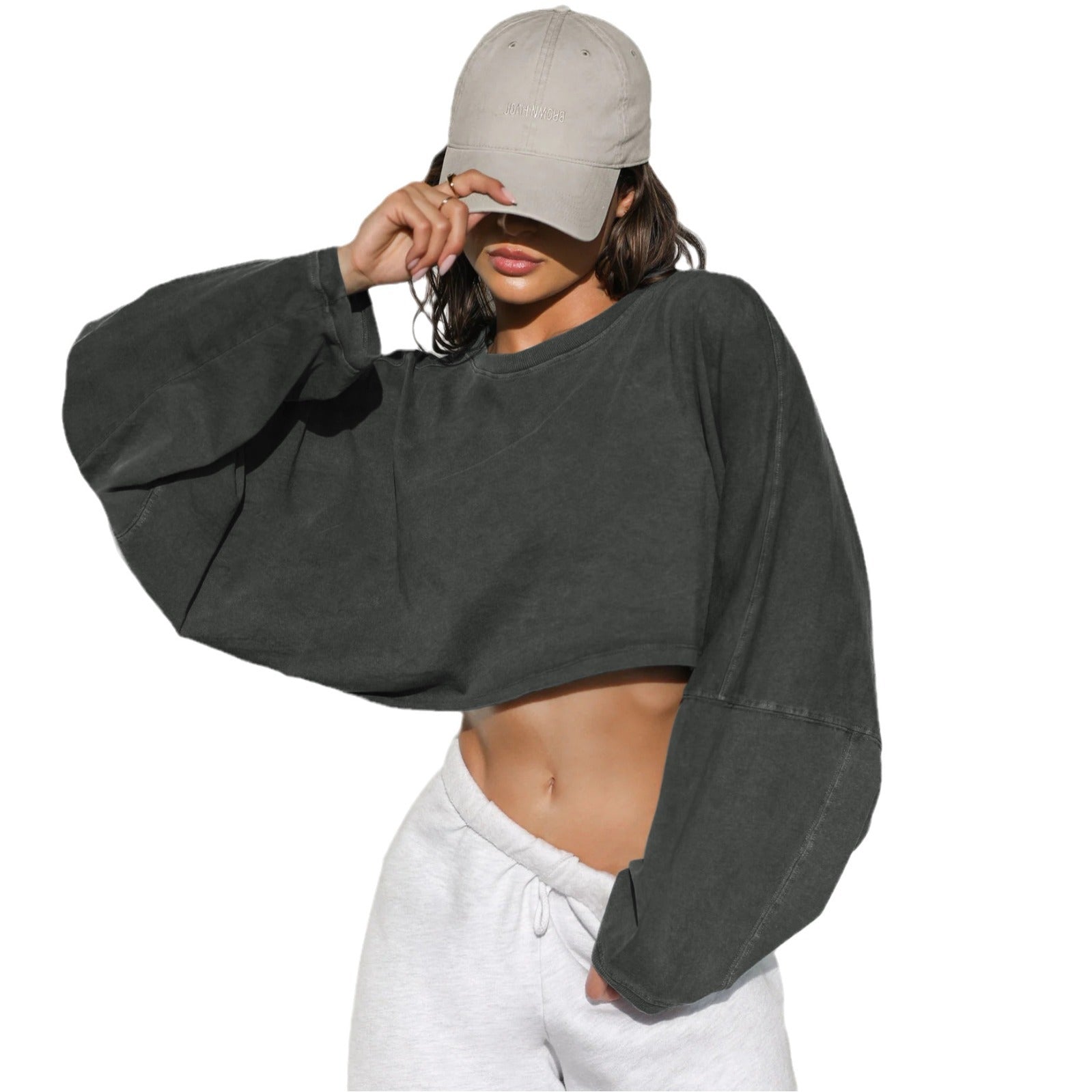 Umbilical round neck sweatshirt, European and American women's short sports base shirt, T-shirt, knitted shirt, long sleeved top