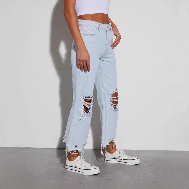Retro wide leg pants loose straight leg jeans ripped pants for women