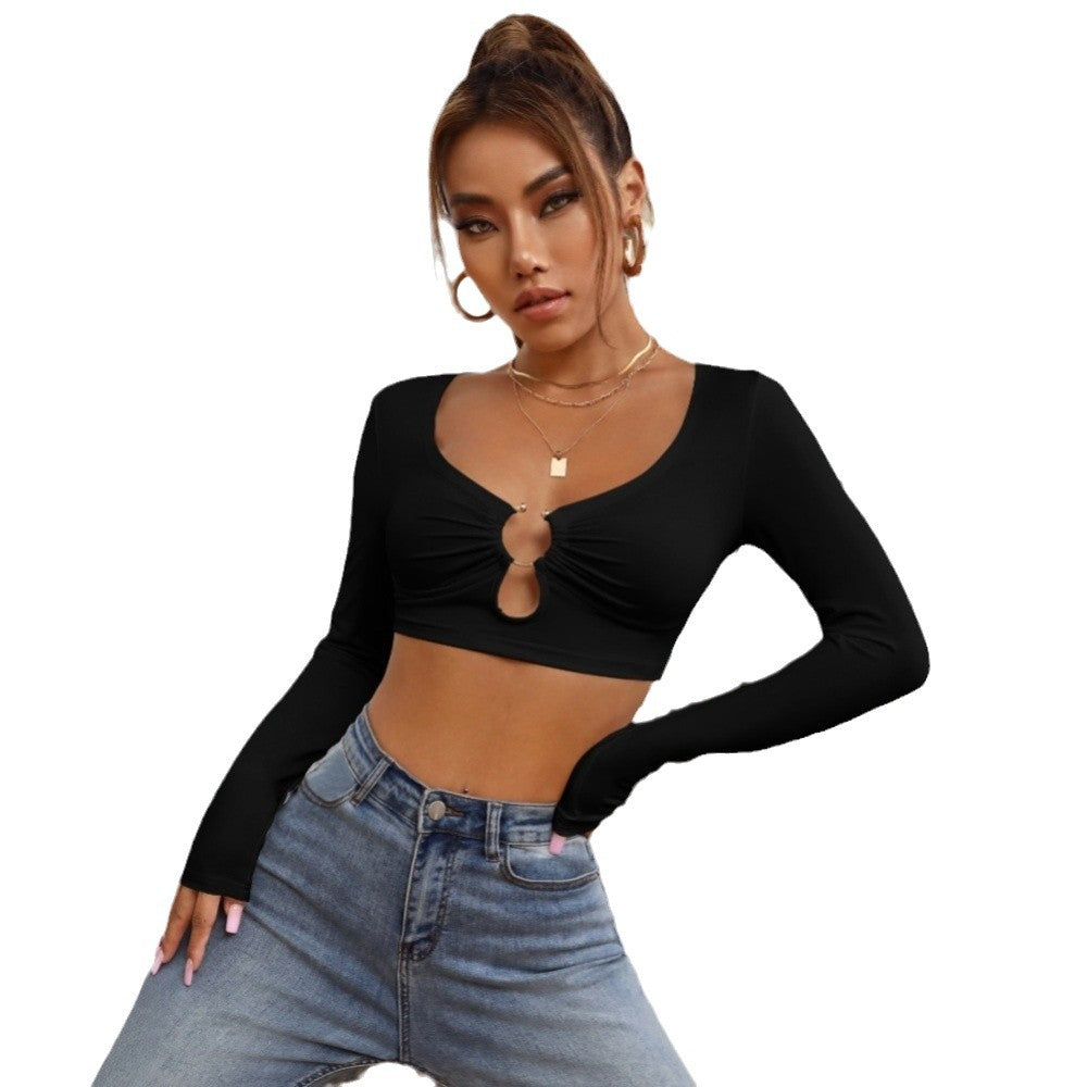 European and American sexy T-shirt ultra short crop exposed long sleeved top