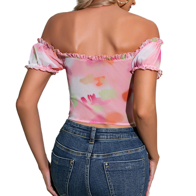 Sexy printed strapless new crop cut shoulder mesh breathable short vest