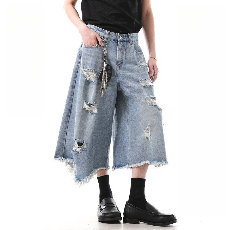 Irregular tassel ripped cropped pants for summer
