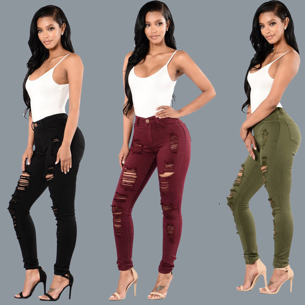 European and American knee ripped jeans, women's slim fit multi colored small leg pants, European station pants, women's pants, large size