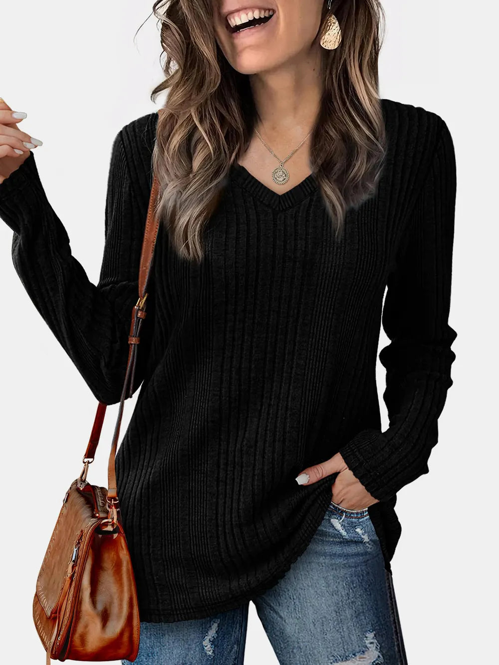 Solid color knitted sweater lightweight waistband sweater fashionable