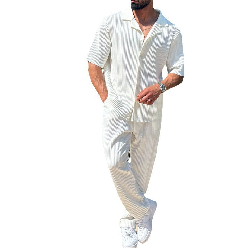 Spring Solid Color Sports Men's Set Fashion Casual Short Sleeve Long Pants Foreign Trade Two-piece Set