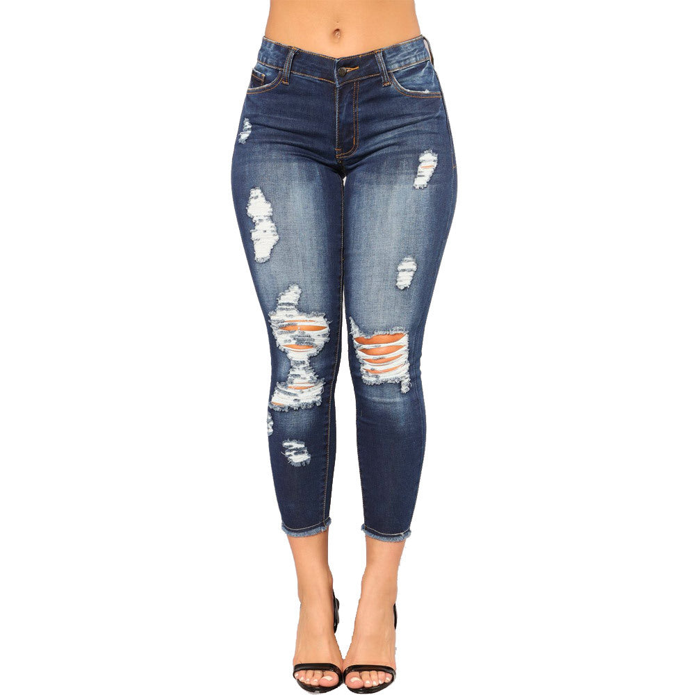 Summer high elasticity 9-point perforated women's clothing, tight fitting and hip lifting fashionable jeans with small feet