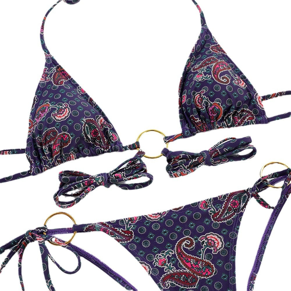 Sexy Metal Triple Ring Bikini Set with Printed Straps for Women