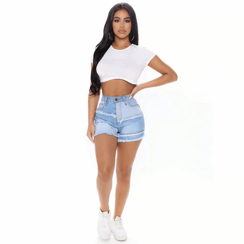 Spring European and American street fashion trendsetters washed hairy beard women washed ground white jeans light denim short