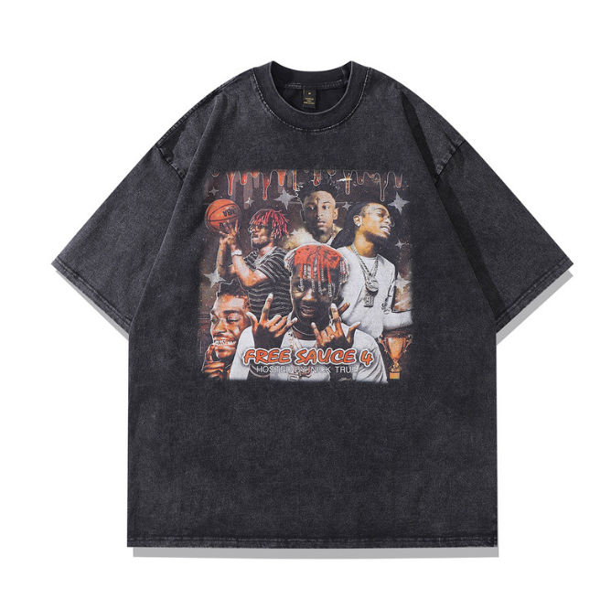 High Street Retro Hip Hop Figure Print Short Sleeve T shirt Men and Women Street Half Sleeve T shirt