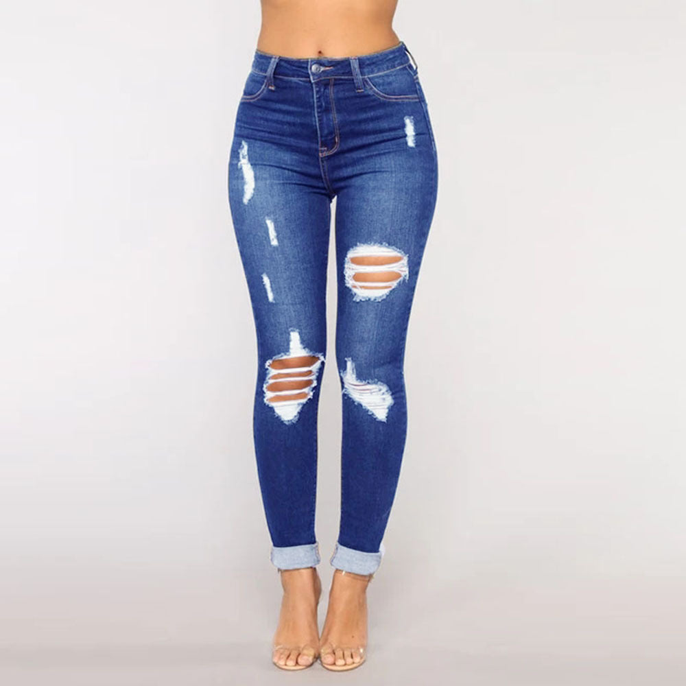 Autumn new trendy and fashionable ripped hole washed women's jeans