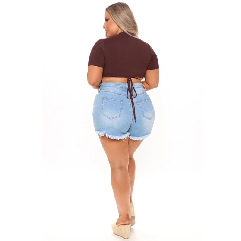 Spring European and American street fashion trendsetters washed hairy beard women washed ground white jeans light denim short