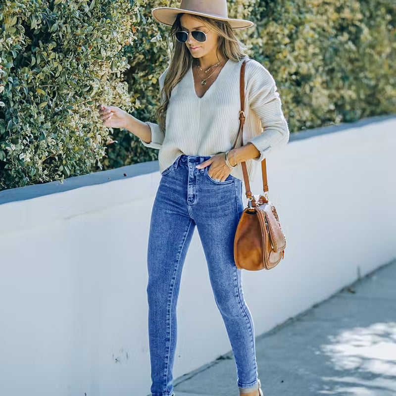 Autumn and winter new jeans high waisted European and American women's small leg pants blue denim pants