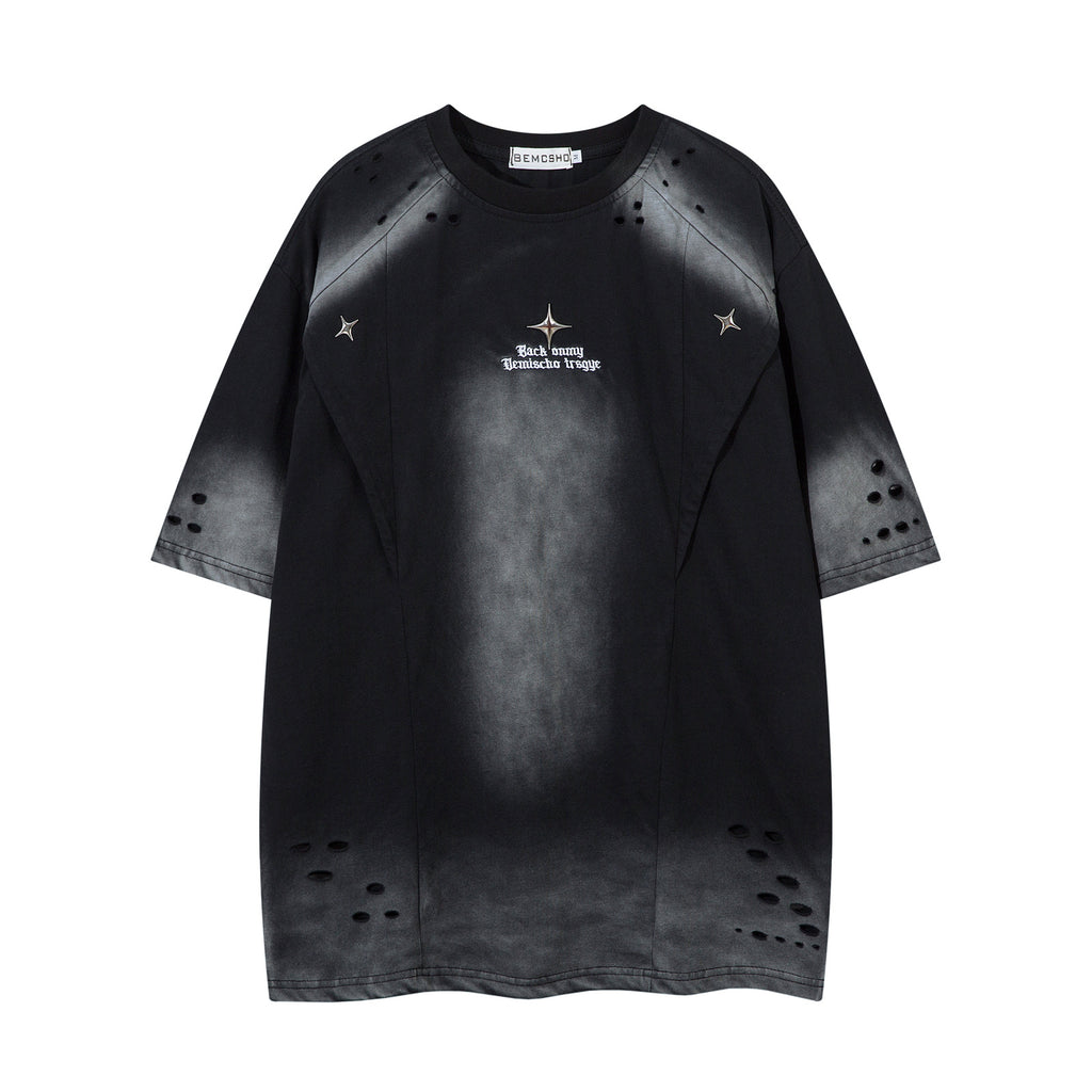 Washed hole letter embroidery short sleeved T-shirt