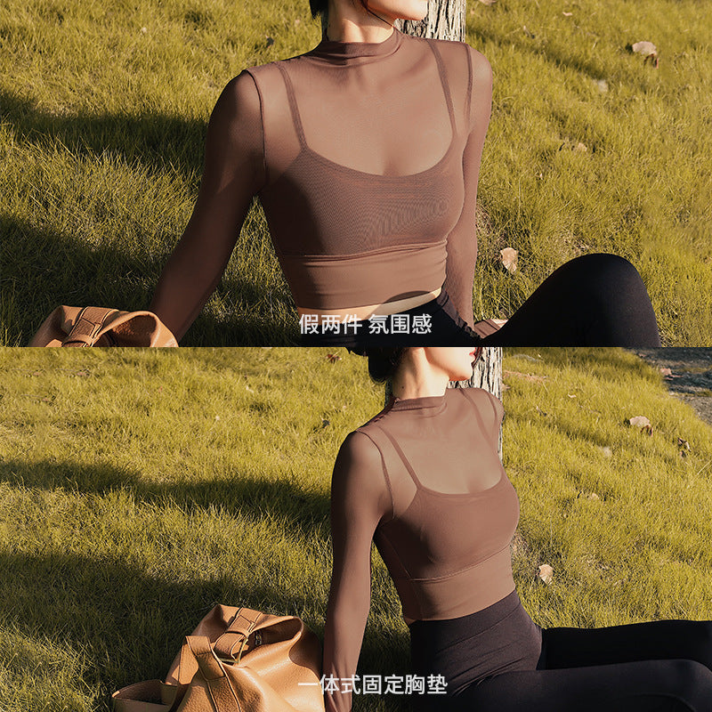 One piece fixed chest cushion, fake two-piece long sleeved mesh fitness yoga suit, sports top, autumn short cover shirt