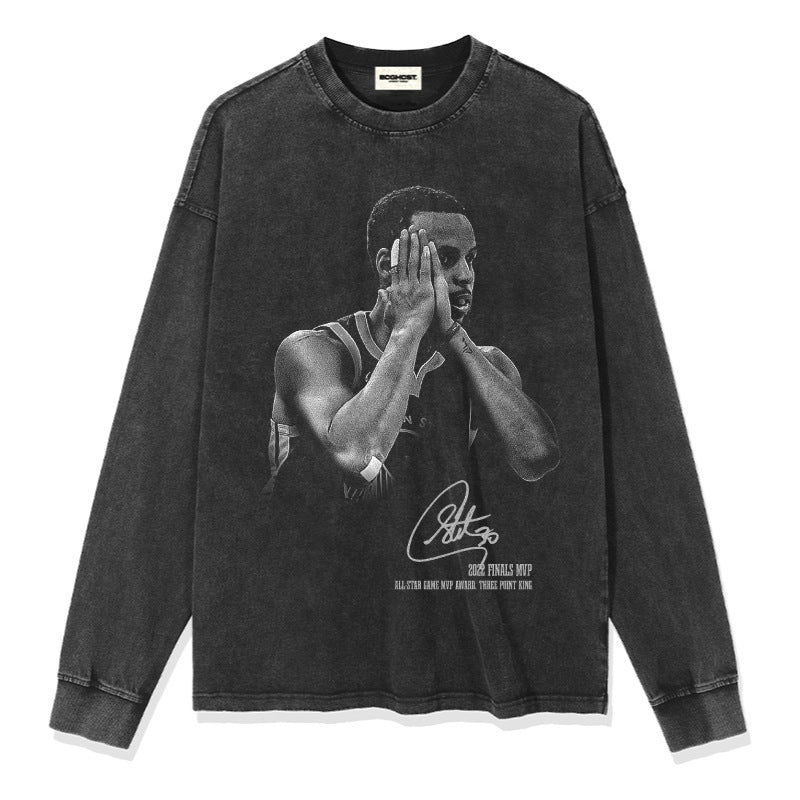 Original Curry Curry signature action night American retro print short sleeve heavy washed old T-shirt trend