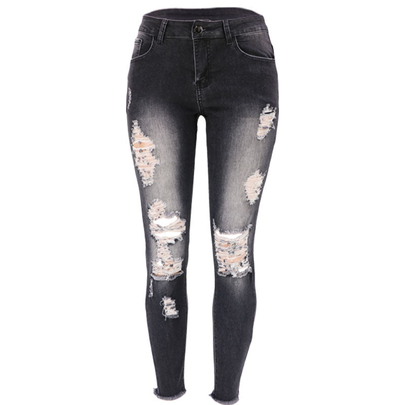 Summer high elasticity 9-point perforated women's clothing, tight fitting and hip lifting fashionable jeans with small feet