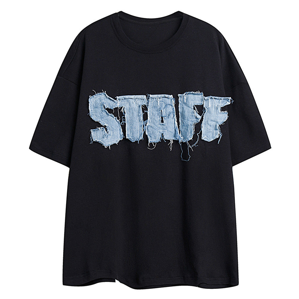 Alphabet Denim Patch Short Sleeve T-Shirt Men's Summer Casual American Street Fashion Round Neck Elbow Sleeve Top