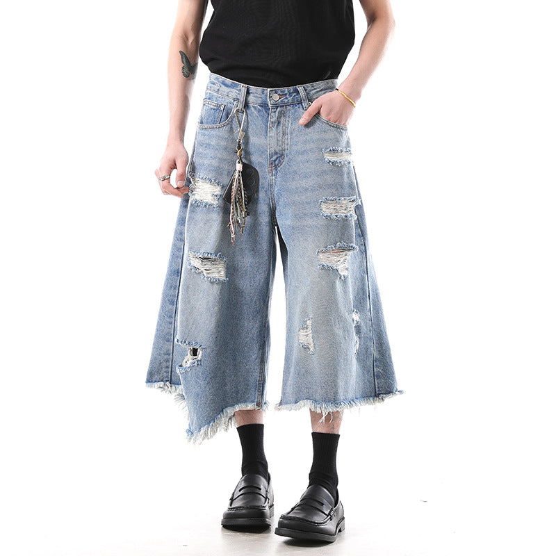 Irregular tassel ripped cropped pants for summer