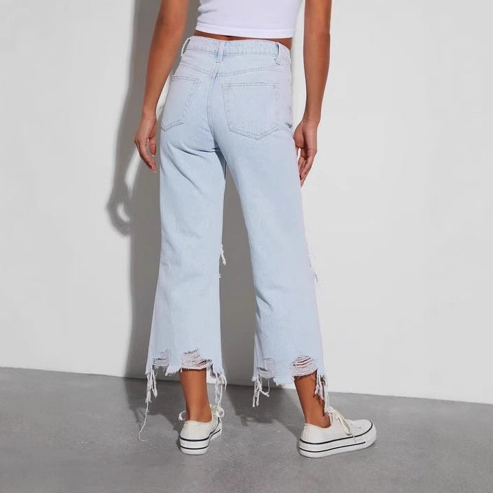 Retro wide leg pants loose straight leg jeans ripped pants for women