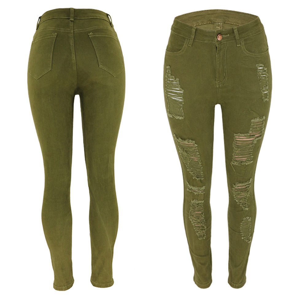 European and American knee ripped jeans, women's slim fit multi colored small leg pants, European station pants, women's pants, large size