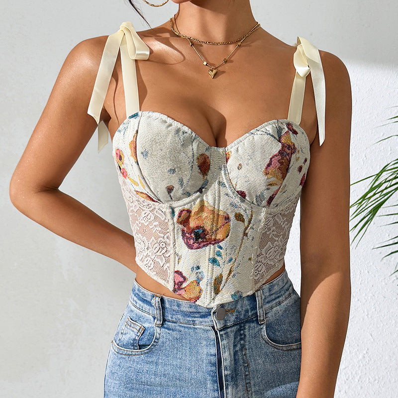 French floral retro style printed contrasting color slim fit strap vest